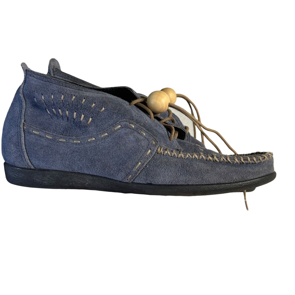 Minnetonka Womens Blue Suede Moccasin Ankle Boots Wooden Bead Lace Up Size 8